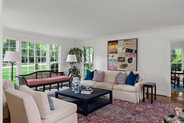 living area with baseboards, crown molding, and wood finished floors