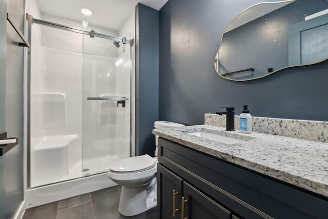 full bath featuring vanity, tile patterned flooring, a shower stall, and toilet