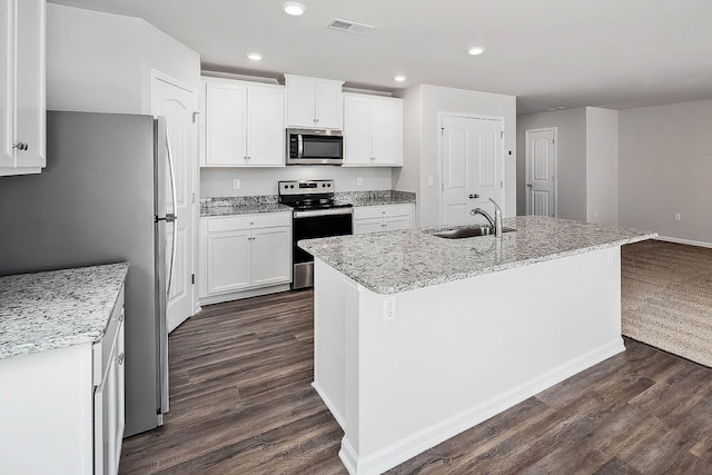 kitchen with visible vents, appliances with stainless steel finishes, dark wood-style flooring, and a sink