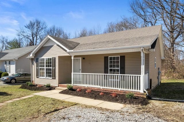 ranch-style home with a porch and roof with shingles