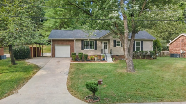 single story home featuring a garage, brick siding, fence, concrete driveway, and a front lawn