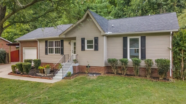 ranch-style house featuring a garage, a shingled roof, driveway, crawl space, and a front yard