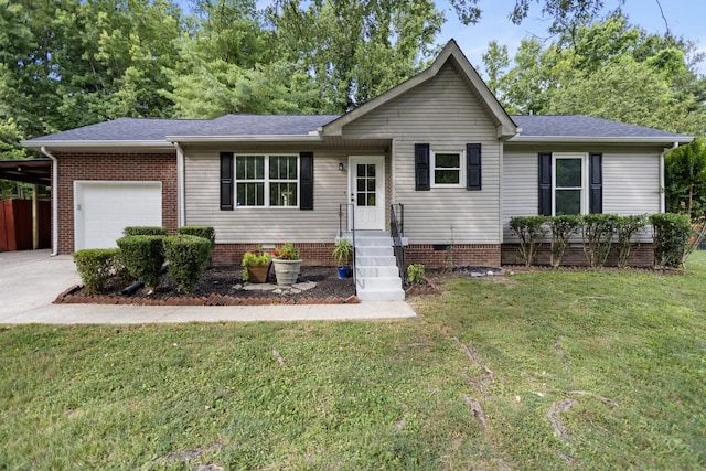 ranch-style home with a garage, a shingled roof, concrete driveway, crawl space, and a front yard