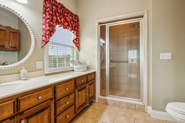 bathroom with toilet, a shower stall, tile patterned flooring, and vanity