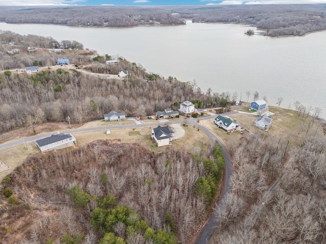 drone / aerial view with a water view and a view of trees