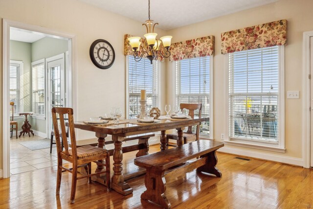 dining space with light wood-type flooring, visible vents, a notable chandelier, and baseboards