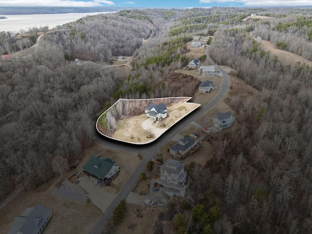 birds eye view of property featuring a water view and a view of trees