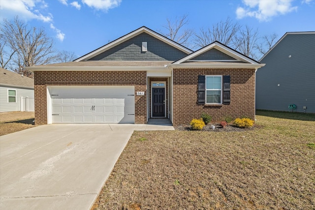 single story home with concrete driveway, brick siding, an attached garage, and a front lawn