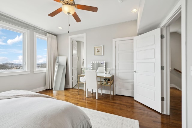 bedroom featuring recessed lighting, ceiling fan, baseboards, and wood finished floors