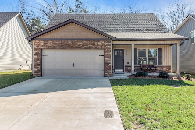 craftsman inspired home featuring a porch, an attached garage, board and batten siding, stone siding, and driveway