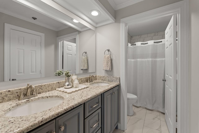 full bathroom featuring marble finish floor, double vanity, a sink, and toilet