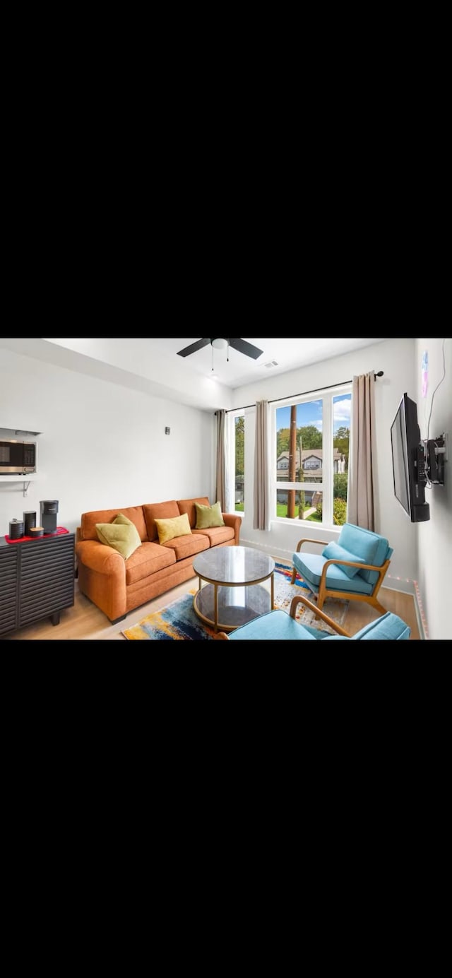 living room featuring wood finished floors and a ceiling fan