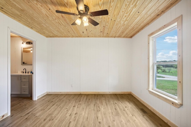 unfurnished room with a ceiling fan, wood ceiling, a sink, light wood-type flooring, and baseboards