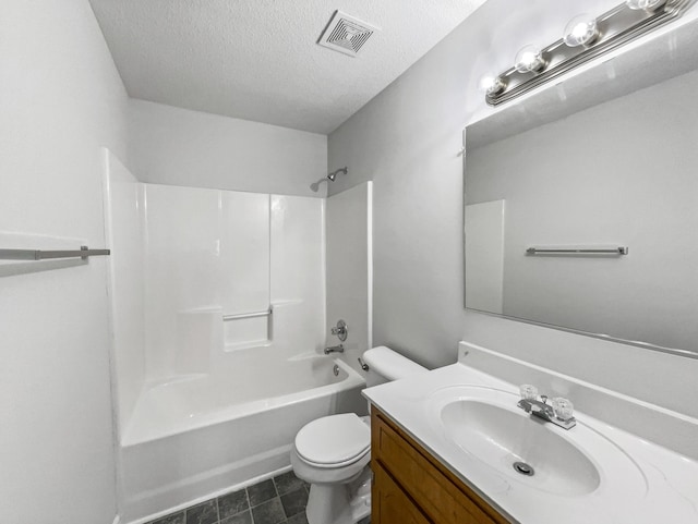 full bathroom featuring a textured ceiling, toilet, shower / bath combination, vanity, and visible vents