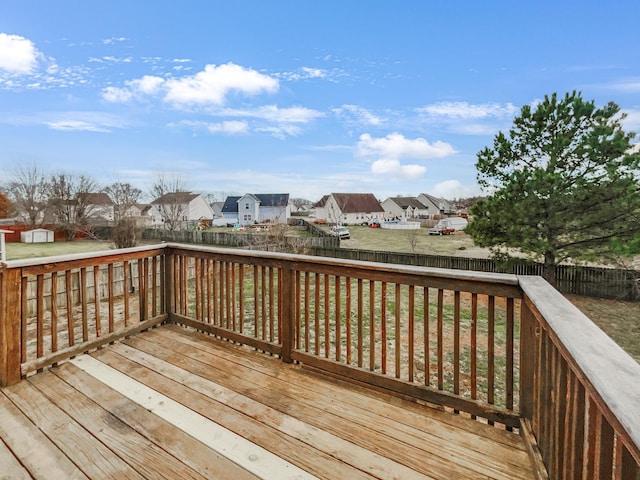 wooden terrace with a fenced backyard and a residential view