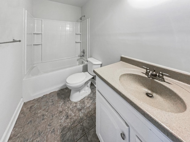 bathroom with  shower combination, baseboards, vanity, and toilet