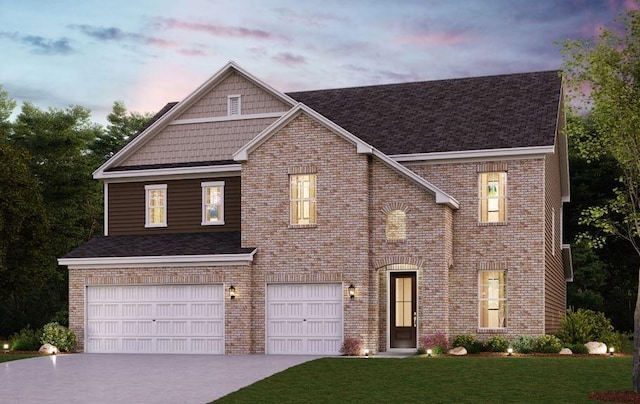 view of front of home featuring an attached garage, brick siding, a shingled roof, concrete driveway, and a front lawn