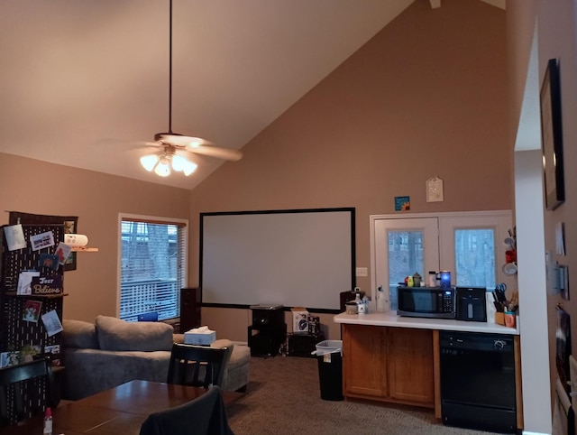 cinema room featuring carpet floors, high vaulted ceiling, and a ceiling fan