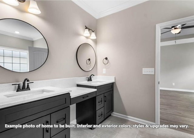 bathroom with ornamental molding, two vanities, a sink, and baseboards