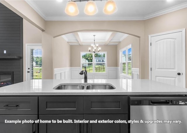 kitchen with dishwasher, light stone counters, a sink, and a wealth of natural light