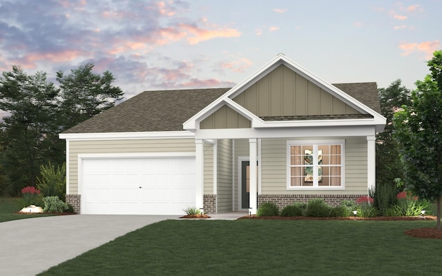 craftsman inspired home with brick siding, concrete driveway, board and batten siding, a garage, and a front lawn