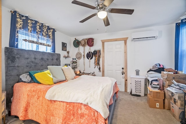 bedroom featuring an AC wall unit, a ceiling fan, and light colored carpet