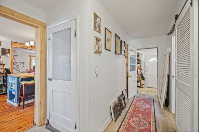 hall with ornamental molding and light wood-type flooring