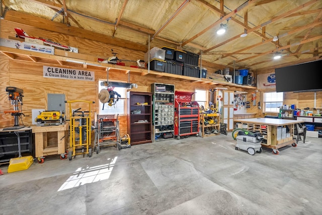 garage featuring a workshop area