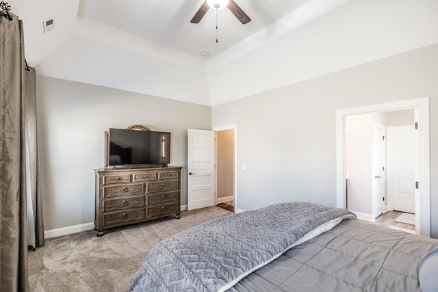 carpeted bedroom featuring visible vents, ceiling fan, and baseboards