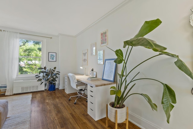 office area with dark wood-style floors and crown molding