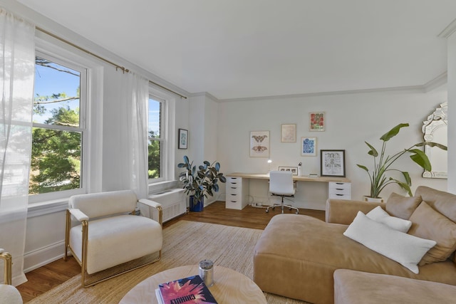 living room with ornamental molding, radiator heating unit, wood finished floors, and built in study area