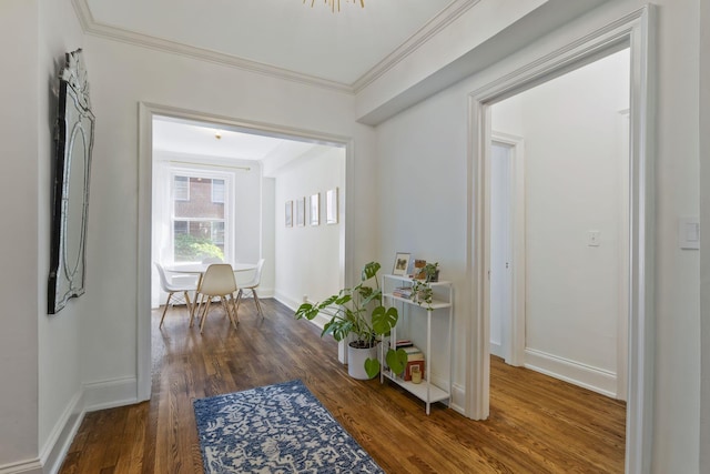 hall with ornamental molding, baseboards, and wood finished floors