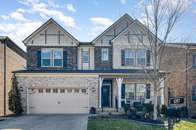 view of front of property featuring a garage, concrete driveway, brick siding, and covered porch