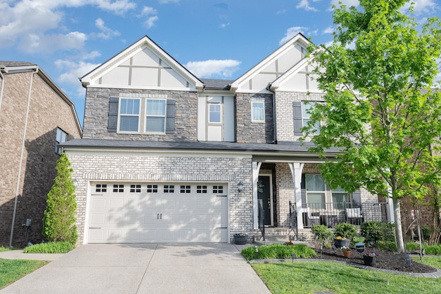 craftsman-style house with driveway, an attached garage, a porch, stucco siding, and brick siding