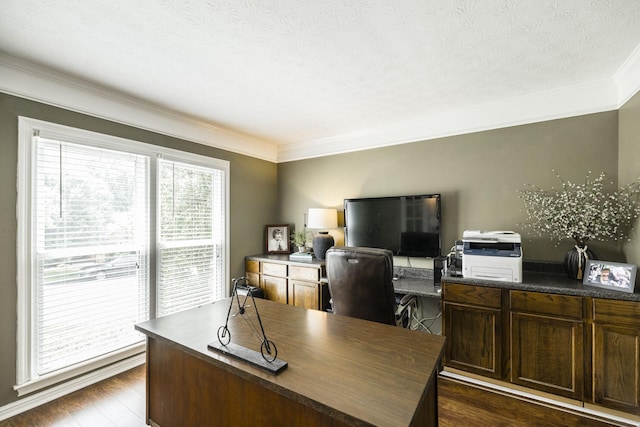 office area featuring crown molding, a textured ceiling, and dark wood-type flooring