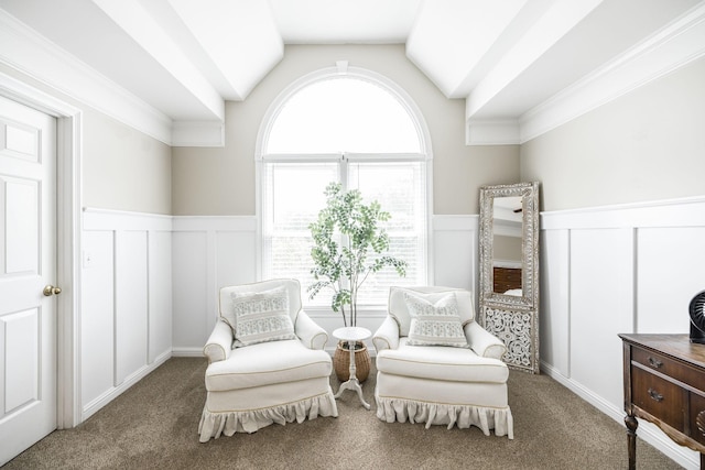 sitting room with carpet floors, lofted ceiling, and wainscoting