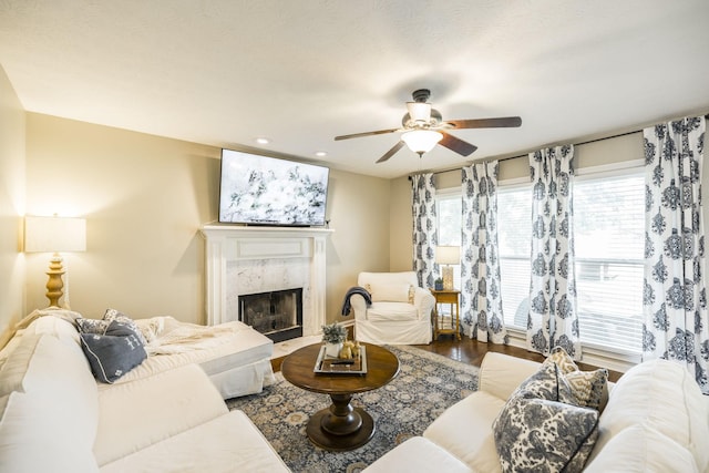 living room with a ceiling fan, wood finished floors, and a high end fireplace