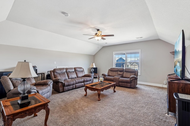 living room featuring a ceiling fan, carpet, visible vents, and vaulted ceiling