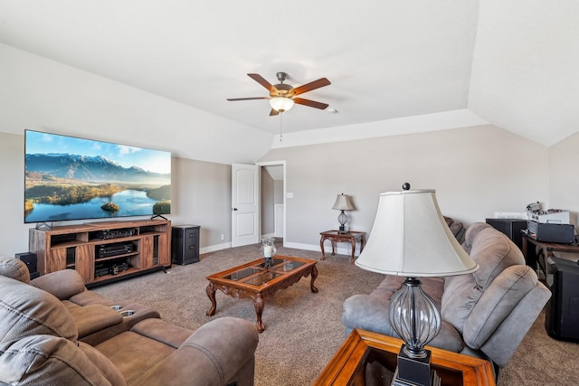 living area with lofted ceiling, carpet flooring, ceiling fan, and baseboards