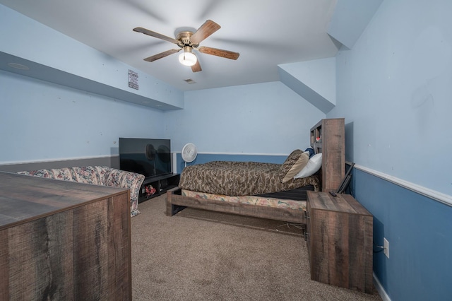 carpeted bedroom featuring visible vents and ceiling fan