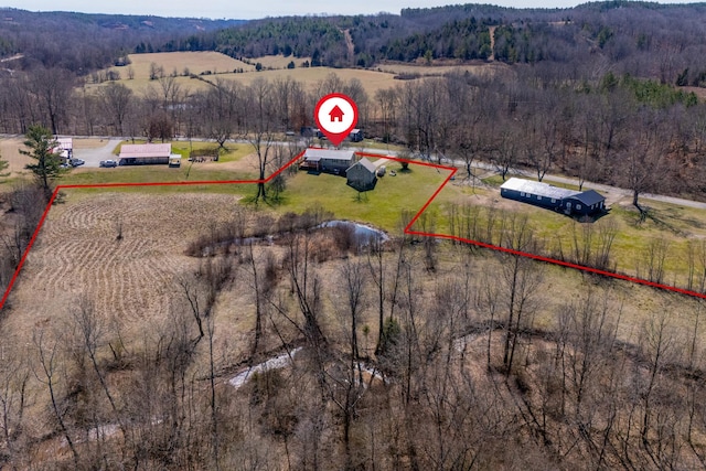 bird's eye view featuring a view of trees and a rural view