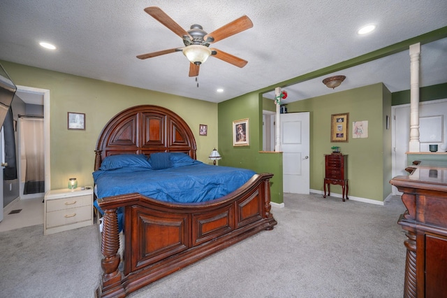 carpeted bedroom with recessed lighting, ceiling fan, a textured ceiling, and baseboards