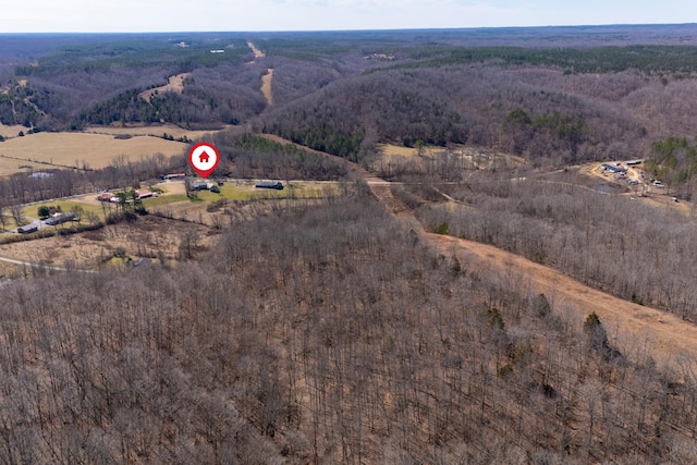 bird's eye view with a rural view and a wooded view