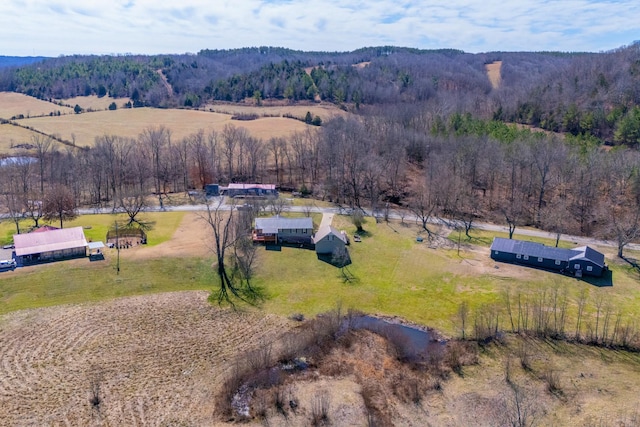 bird's eye view featuring a rural view and a view of trees