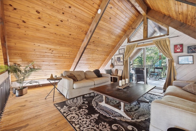 living room featuring lofted ceiling with beams, wood walls, wood-type flooring, and wood ceiling