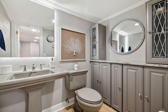 bathroom featuring a textured wall, toilet, a sink, wood finished floors, and crown molding