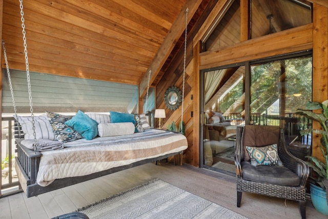 bedroom featuring wood ceiling, wood walls, lofted ceiling with beams, and wood finished floors