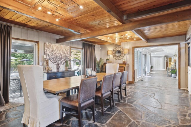 dining space with wood walls, beamed ceiling, wood ceiling, and stone tile floors