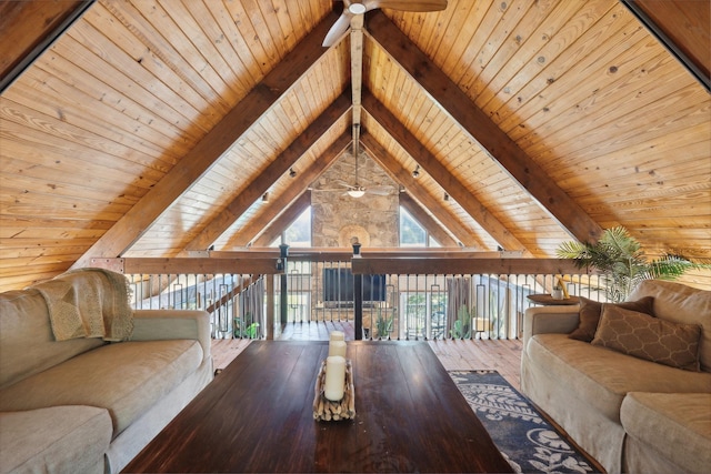 unfurnished living room with ceiling fan, wood ceiling, beamed ceiling, and hardwood / wood-style flooring