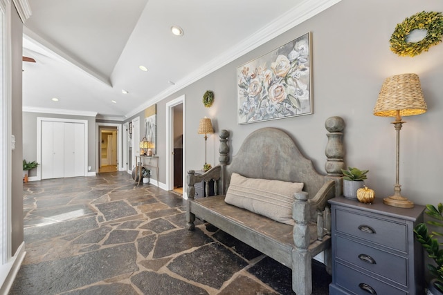 living area with ornamental molding, recessed lighting, baseboards, and stone tile floors